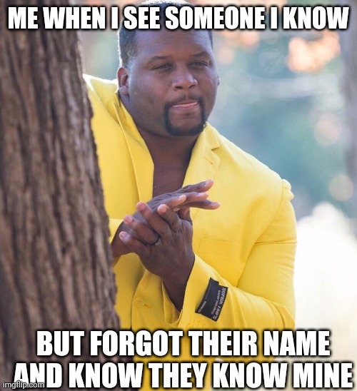 Black guy hiding behind tree | ME WHEN I SEE SOMEONE I KNOW; BUT FORGOT THEIR NAME AND KNOW THEY KNOW MINE | image tagged in black guy hiding behind tree | made w/ Imgflip meme maker