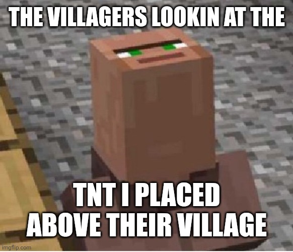 TNT | THE VILLAGERS LOOKIN AT THE; TNT I PLACED ABOVE THEIR VILLAGE | image tagged in minecraft villager looking up,minecraft memes,funny memes,nice | made w/ Imgflip meme maker