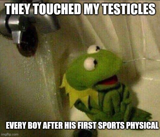 kermit crying terrified in shower | THEY TOUCHED MY TESTICLES EVERY BOY AFTER HIS FIRST SPORTS PHYSICAL | image tagged in kermit crying terrified in shower | made w/ Imgflip meme maker
