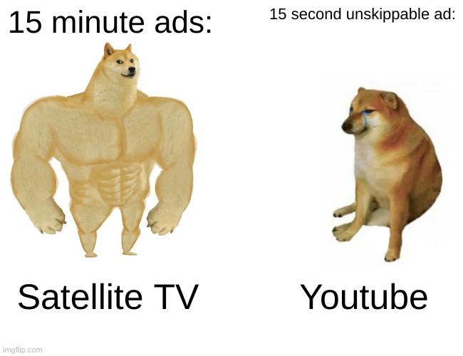 Buff Doge vs. Cheems | 15 minute ads:; 15 second unskippable ad:; Satellite TV; Youtube | image tagged in memes,buff doge vs cheems | made w/ Imgflip meme maker
