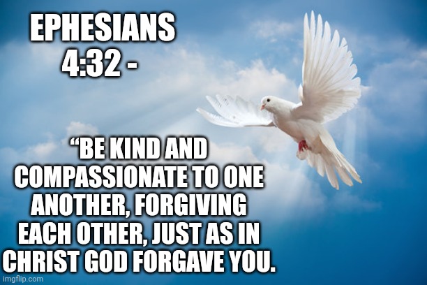 Forgiveness | EPHESIANS 4:32 -; “BE KIND AND COMPASSIONATE TO ONE ANOTHER, FORGIVING EACH OTHER, JUST AS IN CHRIST GOD FORGAVE YOU. | image tagged in god,forgiveness,jesus,holy spirit,holy bible,catholic | made w/ Imgflip meme maker