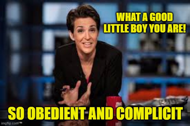 Rachel Maddow | WHAT A GOOD LITTLE BOY YOU ARE! SO OBEDIENT AND COMPLICIT | image tagged in rachel maddow | made w/ Imgflip meme maker