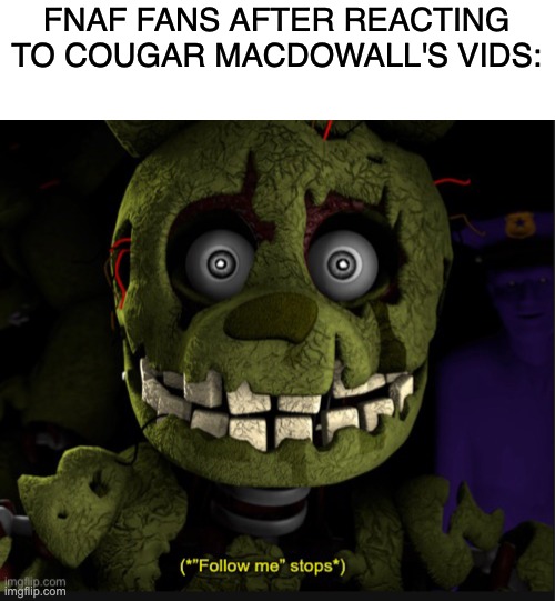 . | FNAF FANS AFTER REACTING TO COUGAR MACDOWALL'S VIDS: | image tagged in follow me stops,bruh moment | made w/ Imgflip meme maker