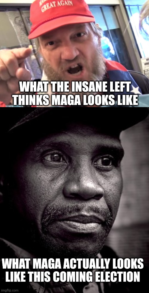 Thanks for the African American vote lefty lunatics!! | WHAT THE INSANE LEFT THINKS MAGA LOOKS LIKE; WHAT MAGA ACTUALLY LOOKS LIKE THIS COMING ELECTION | image tagged in angry trumper maga white supremacist,black people | made w/ Imgflip meme maker