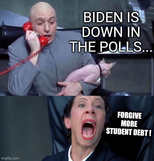 Dr Evil and Frau | BIDEN IS DOWN IN THE POLLS... FORGIVE MORE STUDENT DEBT ! | image tagged in dr evil and frau,joe biden | made w/ Imgflip meme maker
