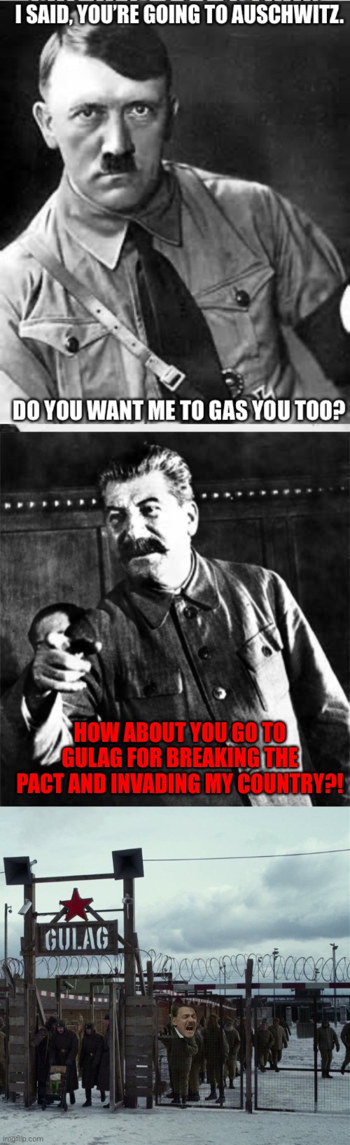 Oh hell no, W.A.U! If you use a dictator, we retaliate! | HOW ABOUT YOU GO TO GULAG FOR BREAKING THE PACT AND INVADING MY COUNTRY?! | image tagged in stalin,stalin gulag pepe | made w/ Imgflip meme maker