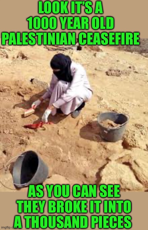 Yep | LOOK IT’S A 1000 YEAR OLD PALESTINIAN CEASEFIRE; AS YOU CAN SEE THEY BROKE IT INTO A THOUSAND PIECES | image tagged in democrats,hamas | made w/ Imgflip meme maker