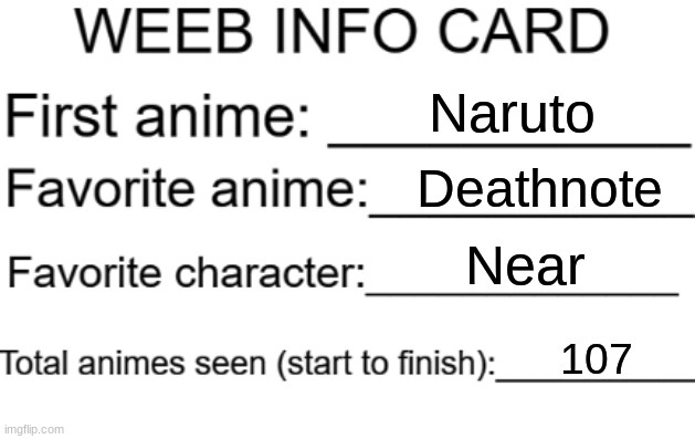 Weeb info card | Naruto Deathnote Near 107 | image tagged in weeb info card | made w/ Imgflip meme maker