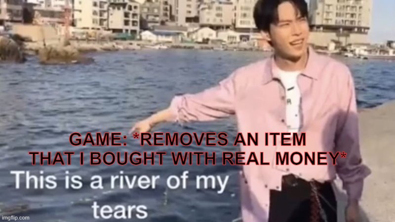 True story | GAME: *REMOVES AN ITEM THAT I BOUGHT WITH REAL MONEY* | image tagged in this is a river of my tears,video games,money,games,sad,relatable | made w/ Imgflip meme maker