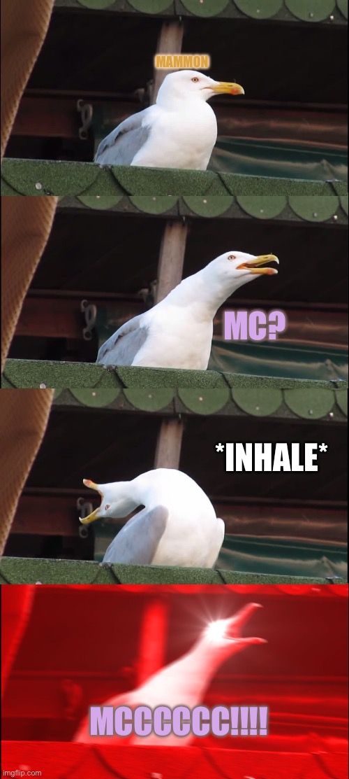 Mammon whenever Mc is gone: | MAMMON; MC? *INHALE*; MCCCCCC!!!! | image tagged in memes,inhaling seagull | made w/ Imgflip meme maker