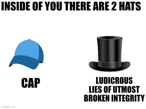INSIDE OF YOU THERE ARE 2 HATS; LUDICROUS LIES OF UTMOST BROKEN INTEGRITY; CAP | made w/ Imgflip meme maker