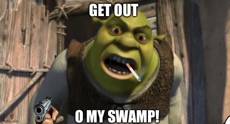 Shrek What are you doing in my swamp? | GET OUT; O MY SWAMP! | image tagged in shrek what are you doing in my swamp | made w/ Imgflip meme maker