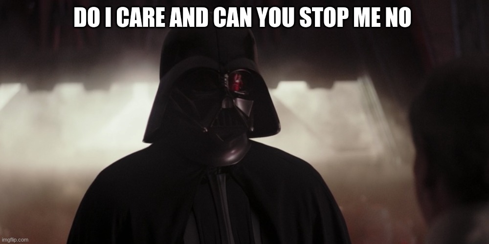 darth vader | DO I CARE AND CAN YOU STOP ME NO | image tagged in darth vader | made w/ Imgflip meme maker
