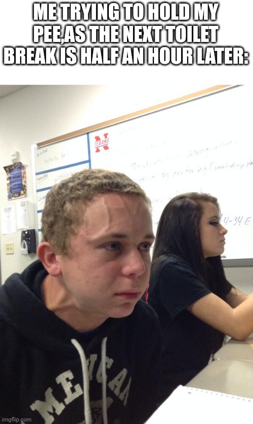 Daily meme | ME TRYING TO HOLD MY PEE,AS THE NEXT TOILET BREAK IS HALF AN HOUR LATER: | image tagged in hold fart | made w/ Imgflip meme maker