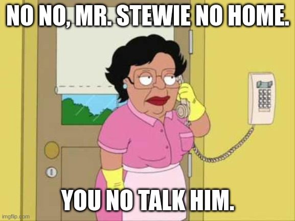 No no. | NO NO, MR. STEWIE NO HOME. YOU NO TALK HIM. | image tagged in memes,consuela | made w/ Imgflip meme maker