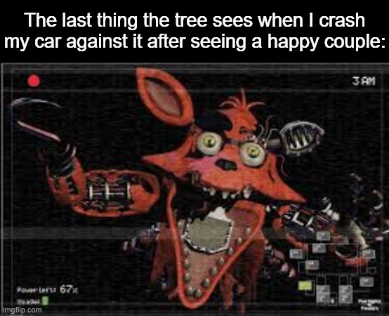 The last thing the tree sees when I crash my car against it after seeing a happy couple: | made w/ Imgflip meme maker