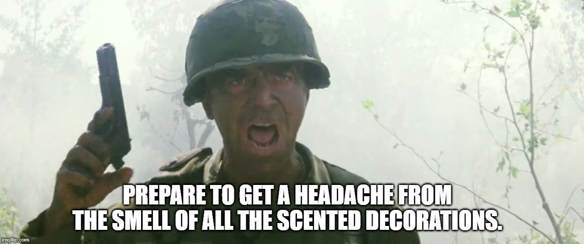 Prepare to defend yourself | PREPARE TO GET A HEADACHE FROM THE SMELL OF ALL THE SCENTED DECORATIONS. | image tagged in prepare to defend yourself | made w/ Imgflip meme maker