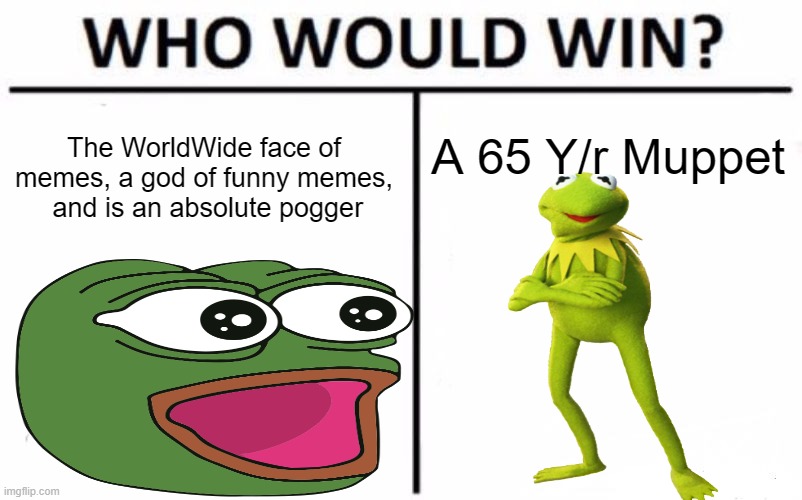 I vote for Kermit! Team Kermit | The WorldWide face of memes, a god of funny memes,  and is an absolute pogger; A 65 Y/r Muppet | image tagged in memes,who would win | made w/ Imgflip meme maker