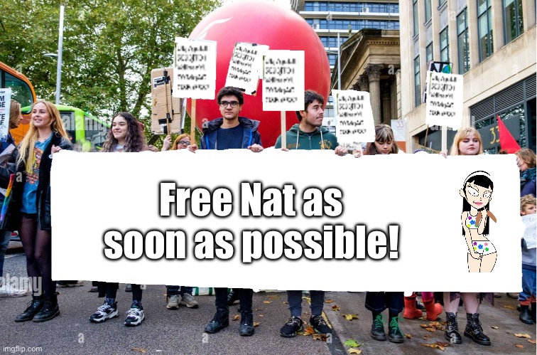 Free Nat as soon as possible! | Free Nat as soon as possible! | image tagged in wide blank protest banner,deviantart,bikini,girl,sexy girl,lincoln loud | made w/ Imgflip meme maker