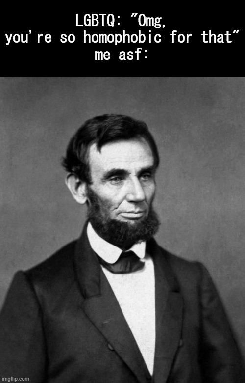 If you know the actual history behind Abraham Lincoln, only then would you understand | LGBTQ: "Omg, you're so homophobic for that"
me asf: | image tagged in abraham lincoln | made w/ Imgflip meme maker