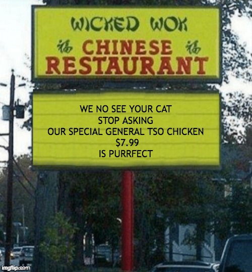 Chinese Food | WE NO SEE YOUR CAT
STOP ASKING OUR SPECIAL GENERAL TSO CHICKEN
 $7.99
IS PURRFECT | image tagged in chinese restaurant | made w/ Imgflip meme maker
