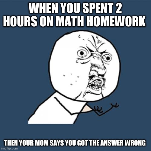 Y U No Meme | WHEN YOU SPENT 2 HOURS ON MATH HOMEWORK; THEN YOUR MOM SAYS YOU GOT THE ANSWER WRONG | image tagged in memes,y u no | made w/ Imgflip meme maker