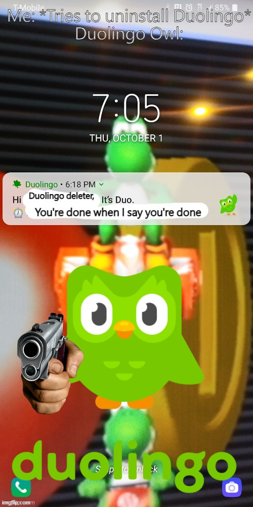 Duolingo Notification | Me: *Tries to uninstall Duolingo*
Duolingo Owl:; Duolingo deleter, You're done when I say you're done | image tagged in duolingo notification | made w/ Imgflip meme maker