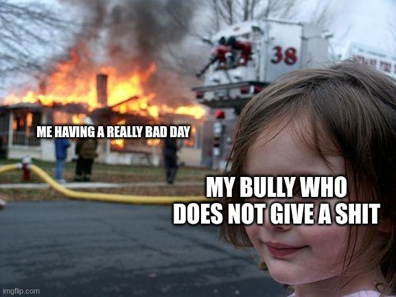 i need even more help | MY BULLY WHO DOES NOT GIVE A SHIT; ME HAVING A REALLY BAD DAY | image tagged in memes,disaster girl | made w/ Imgflip meme maker