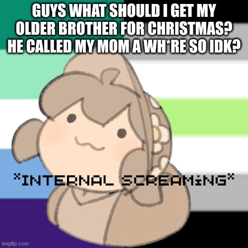 Y'all what the f*ck do I do... | GUYS WHAT SHOULD I GET MY OLDER BROTHER FOR CHRISTMAS? HE CALLED MY MOM A WH*RE SO IDK? | image tagged in yes | made w/ Imgflip meme maker