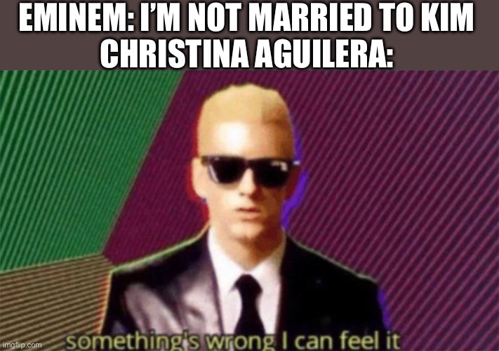 something's wrong i can feel it | EMINEM: I’M NOT MARRIED TO KIM
CHRISTINA AGUILERA: | image tagged in something's wrong i can feel it | made w/ Imgflip meme maker