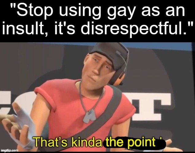 It's almost like insults are fundamentally like that. | "Stop using gay as an insult, it's disrespectful." | image tagged in that's the point | made w/ Imgflip meme maker