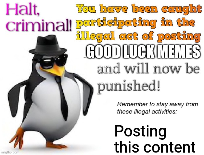 halt criminal! | GOOD LUCK MEMES Posting this content | image tagged in halt criminal | made w/ Imgflip meme maker