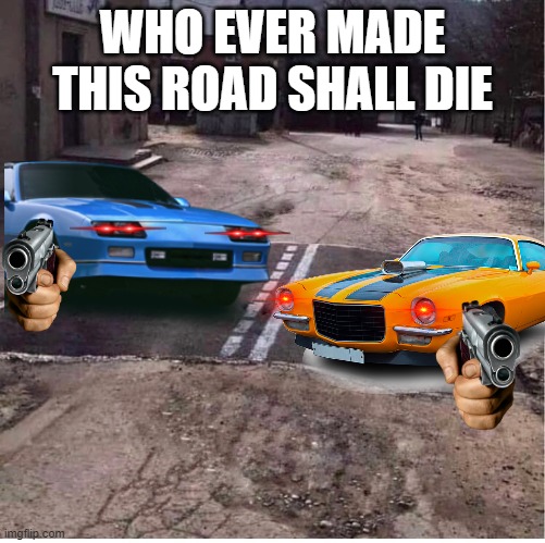 partialy paved road | WHO EVER MADE THIS ROAD SHALL DIE | image tagged in partialy paved road | made w/ Imgflip meme maker