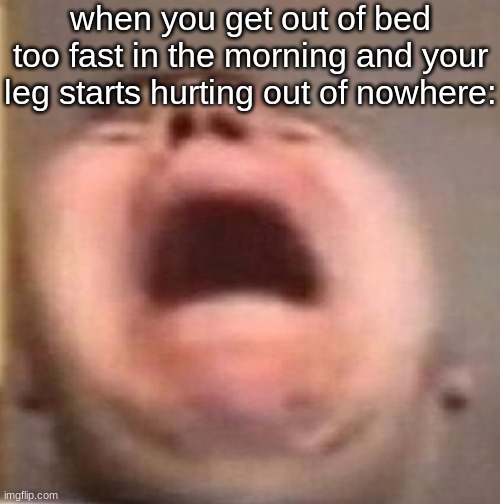 MY LEG!!!!!!!!!!!!! | when you get out of bed too fast in the morning and your leg starts hurting out of nowhere: | image tagged in real,funny,relatable | made w/ Imgflip meme maker