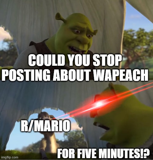 Im TIRED of seeing this post while trying to scroll normally | COULD YOU STOP POSTING ABOUT WAPEACH; R/MARIO; FOR FIVE MINUTES!? | image tagged in shrek for five minutes | made w/ Imgflip meme maker
