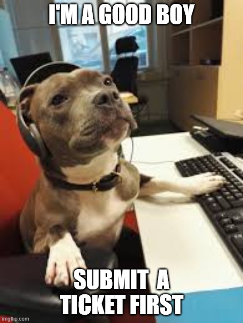 Service Desk Doggo | I'M A GOOD BOY; SUBMIT  A TICKET FIRST | image tagged in helpdesk dog,customer service,helpdesk | made w/ Imgflip meme maker