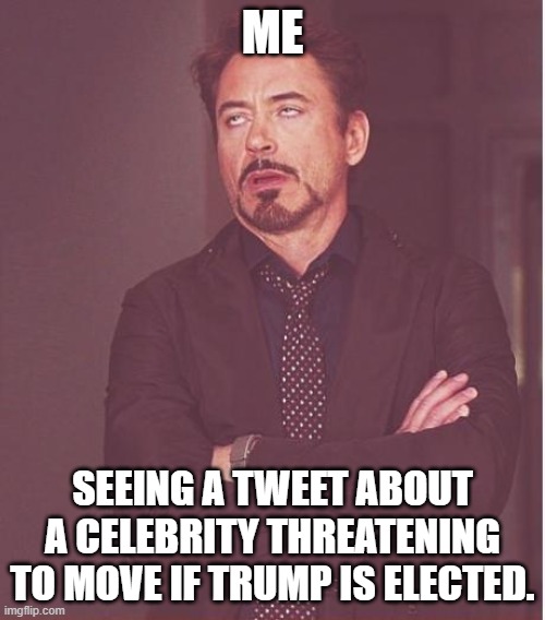 Celebrity Leaving Tweets | ME; SEEING A TWEET ABOUT A CELEBRITY THREATENING TO MOVE IF TRUMP IS ELECTED. | image tagged in memes,face you make robert downey jr | made w/ Imgflip meme maker