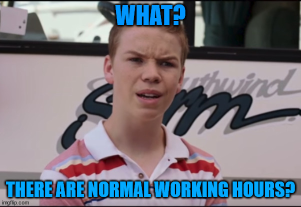 You Guys are Getting Paid | WHAT? THERE ARE NORMAL WORKING HOURS? | image tagged in you guys are getting paid | made w/ Imgflip meme maker