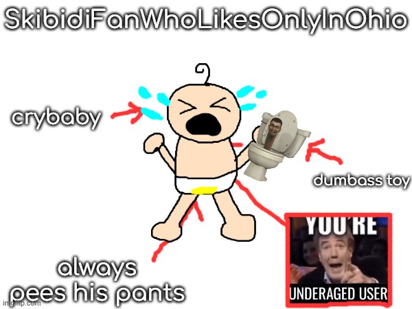 he might be the most underaged user in this website. | SkibidiFanWhoLikesOnlyInOhio; crybaby; dumbass toy; always pees his pants | made w/ Imgflip meme maker