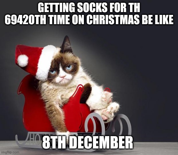 8th December | GETTING SOCKS FOR TH 69420TH TIME ON CHRISTMAS BE LIKE; 8TH DECEMBER | image tagged in grumpy cat christmas hd | made w/ Imgflip meme maker