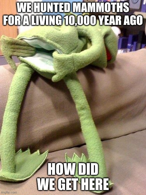 Kermit anal | WE HUNTED MAMMOTHS FOR A LIVING 10,000 YEAR AGO; HOW DID WE GET HERE | image tagged in kermit anal | made w/ Imgflip meme maker