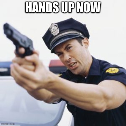 Cop with gun drawn | HANDS UP NOW | image tagged in cop with gun drawn | made w/ Imgflip meme maker