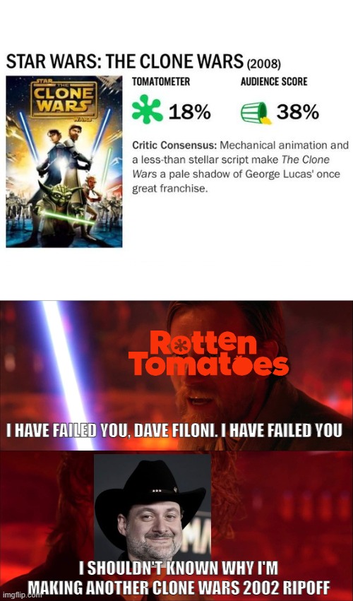 Bruh, why this movie sucks? | I HAVE FAILED YOU, DAVE FILONI. I HAVE FAILED YOU; I SHOULDN'T KNOWN WHY I'M MAKING ANOTHER CLONE WARS 2002 RIPOFF | image tagged in i have failed you anakin,star wars | made w/ Imgflip meme maker
