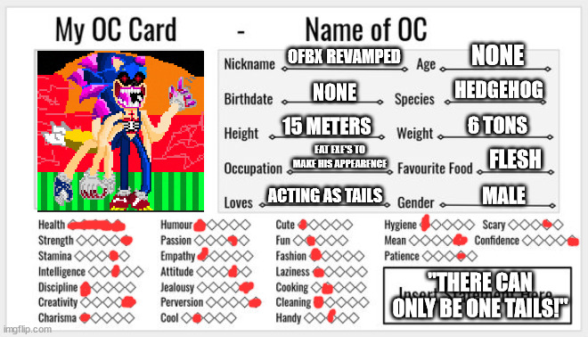 OFBX (revamped) Card | NONE; OFBX REVAMPED; HEDGEHOG; NONE; 6 TONS; 15 METERS; EAT EXE'S TO MAKE HIS APPEARENCE; FLESH; ACTING AS TAILS; MALE; "THERE CAN ONLY BE ONE TAILS!" | image tagged in my oc card,ofbx | made w/ Imgflip meme maker