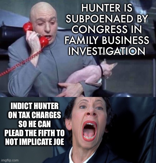 Hunter gets thrown under the bus. But DOJ fails to file charges for FARA violations . | HUNTER IS SUBPOENAED BY CONGRESS IN FAMILY BUSINESS INVESTIGATION; INDICT HUNTER ON TAX CHARGES SO HE CAN PLEAD THE FIFTH TO NOT IMPLICATE JOE | image tagged in dr evil and frau,hunter,biden business,tax,fara | made w/ Imgflip meme maker