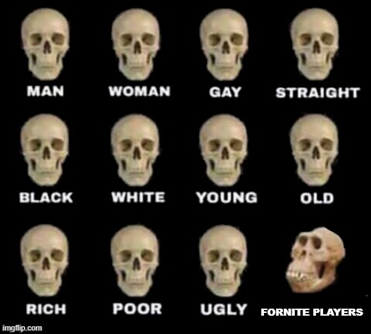 IF YOU PLAY FORNITE I WILL FIND AND END YOU (Except if your a member of unlimted-jokes) | FORNITE PLAYERS | image tagged in idiot skull | made w/ Imgflip meme maker