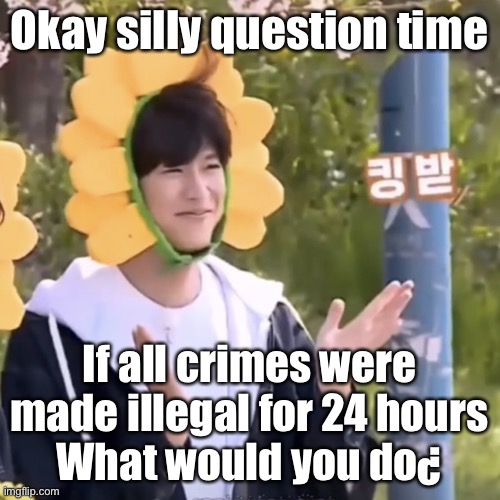 As for me uh idk I’d probably just steal food for the sake of survival (LEGAL**** FFS I DIDN’T THINK) | Okay silly question time; If all crimes were made illegal for 24 hours
What would you do¿ | made w/ Imgflip meme maker