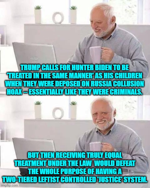 Demanding equal treatment under the law?  Trump must think this is the U.S.A. or something. | TRUMP CALLS FOR HUNTER BIDEN TO BE 'TREATED IN THE SAME MANNER' AS HIS CHILDREN WHEN THEY WERE DEPOSED ON RUSSIA COLLUSION HOAX -- ESSENTIALLY LIKE THEY WERE CRIMINALS. BUT THEN RECEIVING TRULY EQUAL TREATMENT UNDER THE LAW  WOULD DEFEAT THE WHOLE PURPOSE OF HAVING A TWO-TIERED LEFTIST CONTROLLED 'JUSTICE' SYSTEM. | image tagged in hide the pain harold | made w/ Imgflip meme maker