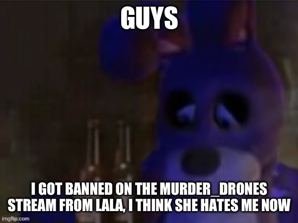 I’m sorry lala for what I did to you, can you please forgive me? (Ik you won’t) | GUYS; I GOT BANNED ON THE MURDER_DRONES STREAM FROM LALA, I THINK SHE HATES ME NOW | image tagged in depressed bonnie,sorry,murder drones | made w/ Imgflip meme maker