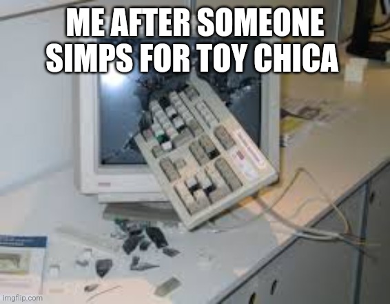 ITS SO ANNOYING | ME AFTER SOMEONE SIMPS FOR TOY CHICA | image tagged in internet rage quit,broken computer | made w/ Imgflip meme maker